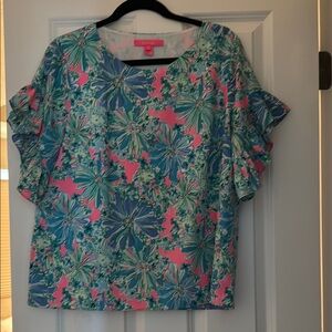 Lilly Pulitzer Blue Flutter Sleeve Ruffled Blouse